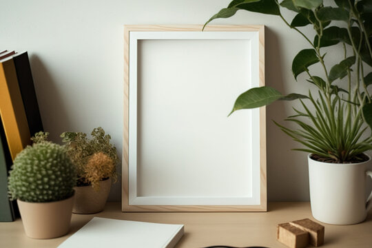 A mock-up photo frame or poster sits on a white table with a plant and books. Wooden background. Generative AI