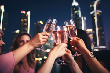 Group of happy rich and stylish woman friends clinking with glasses of wine, celebrating holiday in Dubai with skyline and skyscrapers in the background at night.