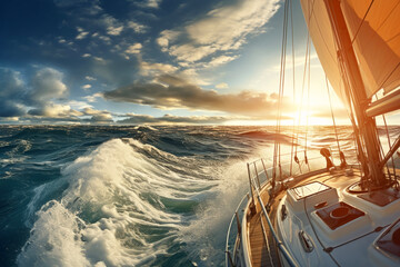 A close -up shot of a gorgeous yacht that sails a large wavy sea. The background of the beautiful...