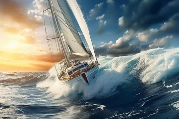 Foto op Canvas A close -up shot of a gorgeous yacht that sails a large wavy sea. The background of the beautiful sky and the red light of the sunset. A success concept suitable for sports and vehicles. © cwa