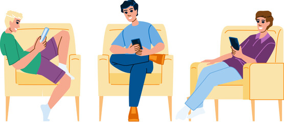 mobile man using phone sitting vector. young guy, person cell, device communication mobile man using phone sitting character. people flat cartoon illustration