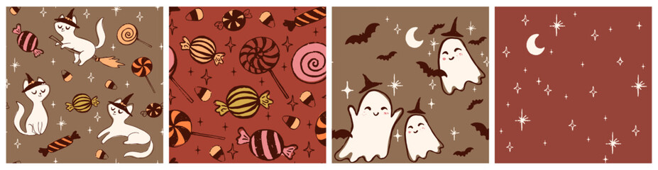 Vector set of Halloween party seamless pattern Cutest pumpkins, cat in a witch hat, funny ghost, candies and bat.