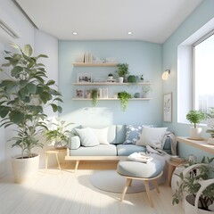 Home modern Nordic bedroom interior mock up with unmade bed, plaid, cushions and plants, trendy pastel colors background, isometric model. 3D rendering.
