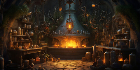 a witch's lair with bubbling cauldrons, potion ingredients, and magical artifacts. 