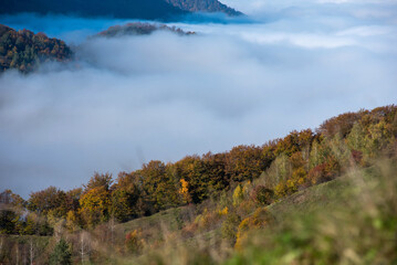 Morning mist in the mountains in a sunny autumn day