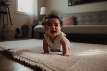 A Mixed-race infant crawling for the first time. The background is a soft, textured blanket, capturing the excitement and milestone achievement. Generative AI
