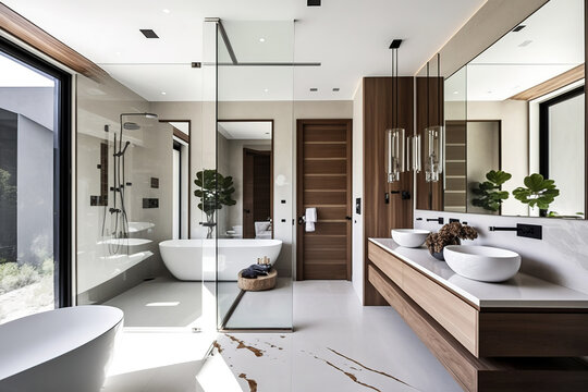 a spacious bathroom in a house. Generative AI