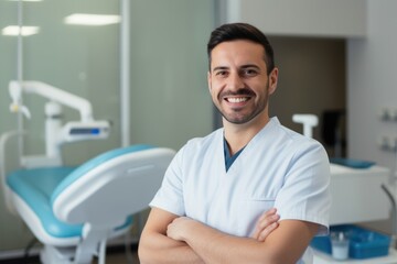 Fototapeta premium Portrait of a smiling albanian dentist in the background of a dental office.