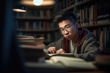 A young student studying in a library, surrounded by shelves of books and reading materials. The academic environment. AI Generative.