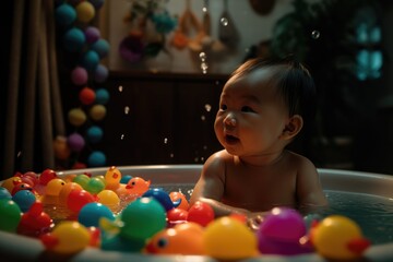 An Asian infant baby bathing in a small tub with colorful bath toys. Curiosity and relaxation during bath time. Generative AI