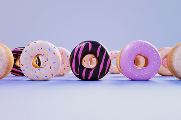 Pastel, colorful glazed donuts. Sweet dessert. Countless amounts of sweets.