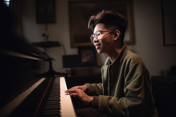 An Asian teenager playng the piano. Generative AI