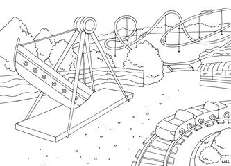Amusement park landscape graphic black white sketch illustration vector 