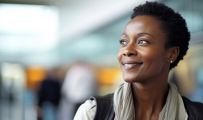 Happy smiling black skin female traveler in airport, Woman at the sitting at the terminal waiting for her flight in boarding lounge.
