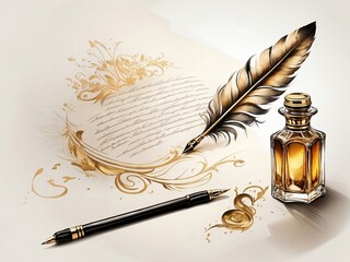 Beautiful gold quill feather  pen and an beautiful-style ink bottle