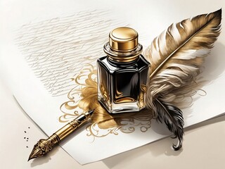 Beautiful gold quill feather  pen and an beautiful-style ink bottle - obrazy, fototapety, plakaty