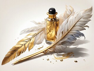 Beautiful gold quill feather  pen and an beautiful-style ink bottle