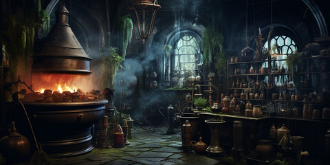 a witch's lair with bubbling cauldrons, potion ingredients, and magical artifacts.  - obrazy, fototapety, plakaty