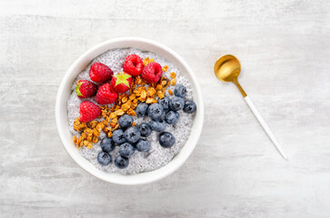 Healthy Chia Pudding Bowl with Granola and Fresh Berries