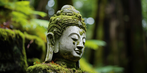 Fototapeta premium The statue of Buddha in rainforest covered with moss