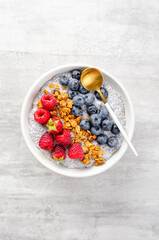 Healthy Chia Pudding Bowl with Granola and Fresh Berries