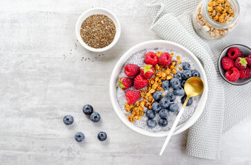 Healthy Chia Pudding Bowl with Granola and Fresh Berries