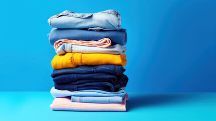 Stack folded colorful summer clothes on blue background - obrazy, fototapety, plakaty