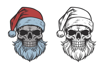 Set of vintage retro tattoo bad scary horror spooky skull skeleton santa claus in hat. Merry christmas xmas new year holiday halloween poster. Graphic Art. Engraving vector style illustration