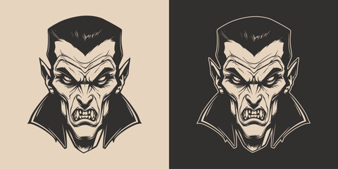 Vintage retro Halloween vampire dracula character face portrait. spooky scary horror element. Monochrome Graphic Art. Vector. Hand drawn element in engraving. - obrazy, fototapety, plakaty
