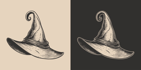 Vintage retro Halloween witch magic hat. Monochrome Graphic Art. Vector. Hand drawn element in engraving. style