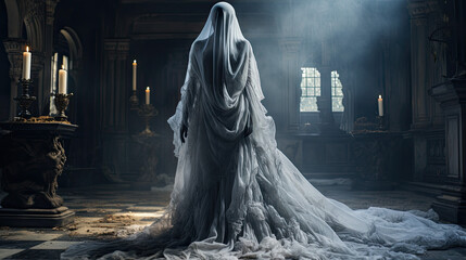a woman in a long white dress disguised as a ghost in a dark, ramshackle room - obrazy, fototapety, plakaty