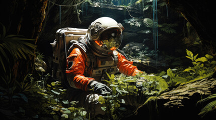 Fototapeta premium an astronaut in the green jungle