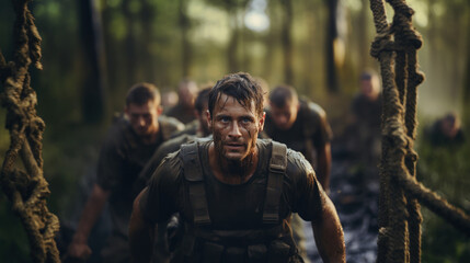 Group of soldiers walking through the woods in boot camp.