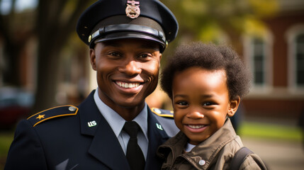 African american United States Marine Corps man in uniform and child  smiling at camera outdoors. - obrazy, fototapety, plakaty