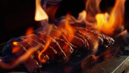 a fancy Japanese beef steak is crowned with flames. The theatrical display adds a touch of drama to the succulent masterpiece, capturing the essence of gourmet indulgence. High quality 4k footage