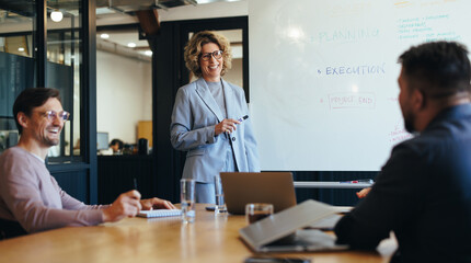 Group of professionals having a discussion in a meeting. Business woman stands in a boardroom doing a presentation - obrazy, fototapety, plakaty