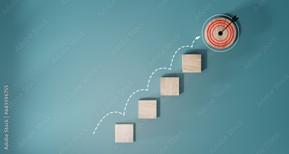 Wall mural woods block step on table with icon action plan, goal and target, success and business target concep