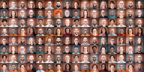Photo collage portrait of multiracial smiling people with different ages looking at camera. Mosaic of happy modern faces. 