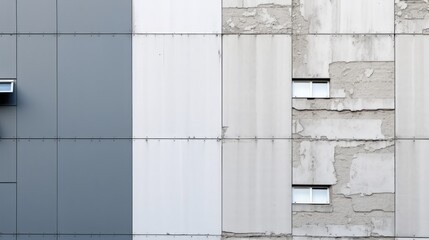 Cold grey concrete facade, characterless modern urban architecture, brutalist minimalism, lifeless design, tiny windows, orange rust stains - generative ai 
