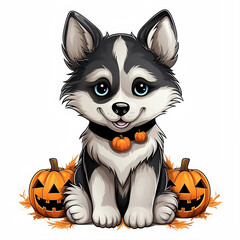 cute husky puppy with pumpkin - 643597133