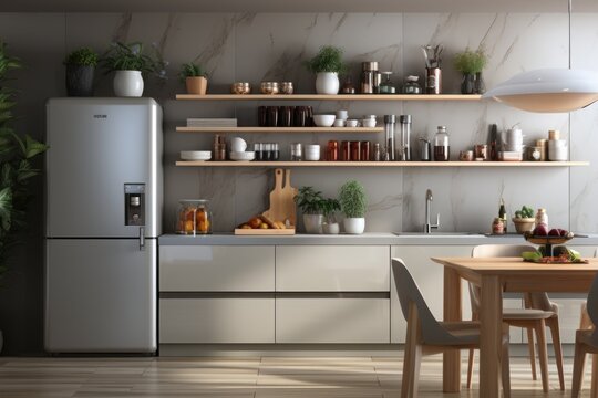 Small modern kitchen set with open shelves, portable stove, refrigerator, sink. Generative AI.