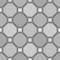 Repeated grey geometric figures with black outlines. Tiles wallpaper. Surface pattern design with regular octagons and squares. Diamonds motif. Digital paper for textile print, web designing. Vector.