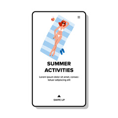 woman summer activities vector. travel fun, couple healthy, lifestyle beach woman summer activities web flat cartoon illustration
