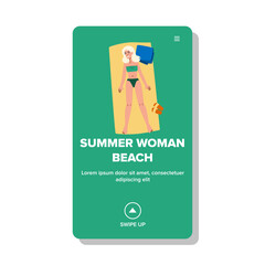 happy summer woman beach vector. girl travel, holiday young, female relax happy summer woman beach web flat cartoon illustration