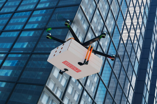 A drone delivering a pizza straight to a customer's home in a bustling cityscape