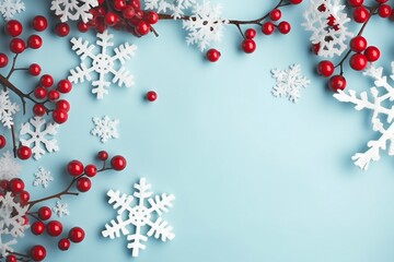 Obraz premium Christmas or winter composition. Frame made of snowflakes and red berries on pastel blue background. Christmas, winter, new year concept. Flat lay, top view, copy space. generative ai.