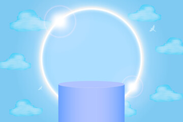 Bright Blue 3d rendered Podium on sky blue background with watercolor painted clouds and birds, white shining ring with lens flare. Studio Mock up of fresh spring skies with pillar. Vector Template.
