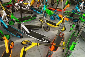 Countless colourful electric scooters left on a sidewalk by irresponsible users.