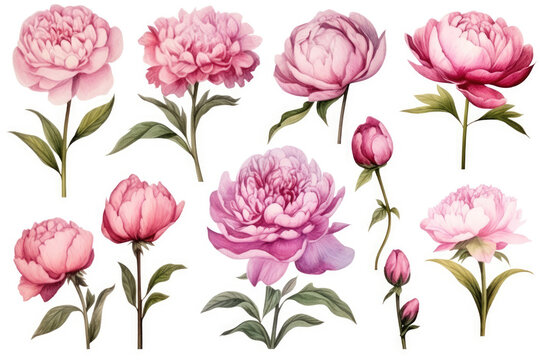 Watercolor image of a set of peony flowers on a white background