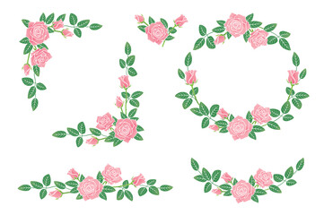 ピンクのバラの花　イラスト　フレームセット